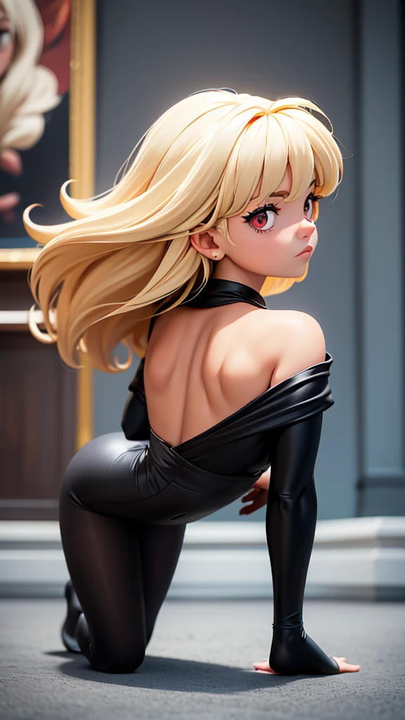 work of art, incredible, 8k, detailded, 1 girl, (from behind), ((legging preta)), (standing on all fours), Off The Shoulder, huge in this, ((black pantyhose)), ((in this)), hair blonde, shorth hair, Eyes red