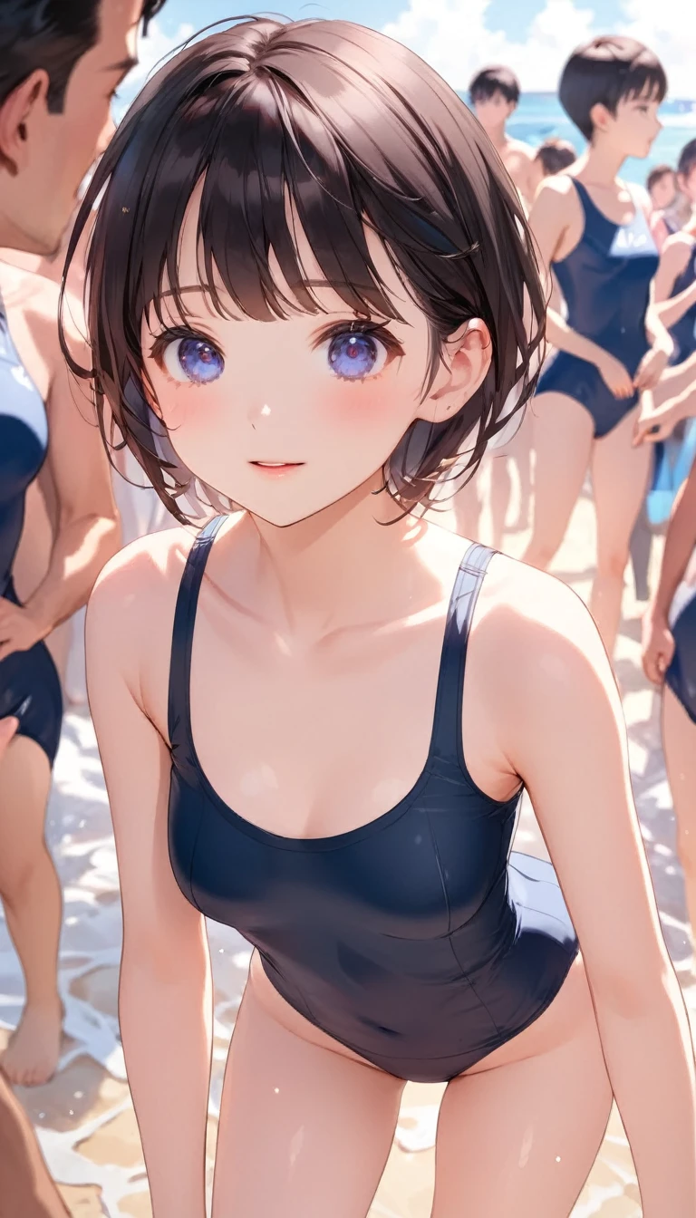 高いquality illustration, masterpiece, Very delicate and beautiful, Attractive girl,(School Swimsuit、Navy blue school swimsuit、Old School Swimsuit), Audience reaction,thin,Slender body,slim,Beach、beach、Ocean、Crowd in swimsuits、Surrounded by men in swimsuits,Beautiful Eyes,(masterpiece, Highest quality:1.2), High res, Very detailed CG Unity 8k wallpaper, Perfect lighting, colorful, Ultra-high res,4K,Very detailed, photograph, 8k, High resolution,Cowboy Shot,Very young、blush、run、Black Hair、panic