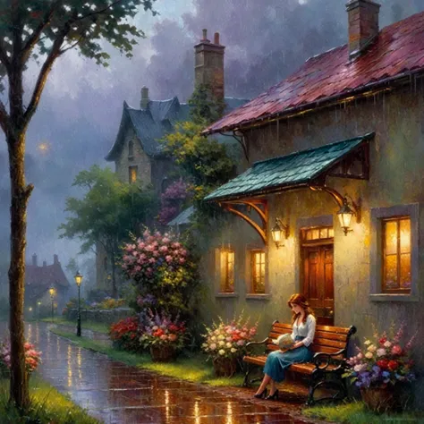 painting of a woman sitting on a bench in the rain, rainy evening, tomas kinkade, romantic painting, rainy afternoon, thomas kin...