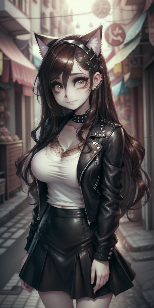 very young slim fit girl, at full height, (rounded face:1.2), very long disheveled dark brown hair, (big brown eyes:1.2), shy smile, perfect flat breast, band on head with fake cat ears, parororo, eyelashes, ariawm, accurate snub nose, (very long strand of hair between eyes:1.3), wearing a studded leather jacket and tulle skirt, with dramatic makeup, summer street, old city