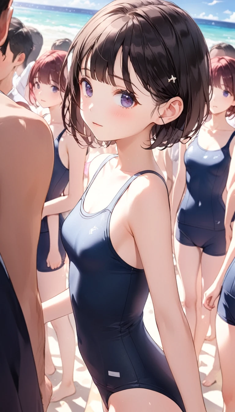 高いquality illustration, masterpiece, Very delicate and beautiful, Attractive girl,(School Swimsuit、Navy blue school swimsuit、Old School Swimsuit), Audience reaction,thin,Slender body,slim,Beach、beach、Ocean、Crowd in swimsuits、Surrounded by men in swimsuits,Beautiful Eyes,(masterpiece, Highest quality:1.2), High res, Very detailed CG Unity 8k wallpaper, Perfect lighting, colorful, Ultra-high res,4K,Very detailed, photograph, 8k, High resolution,Cowboy Shot,Very young、blush、(walk)、Black Hair、Short Hair