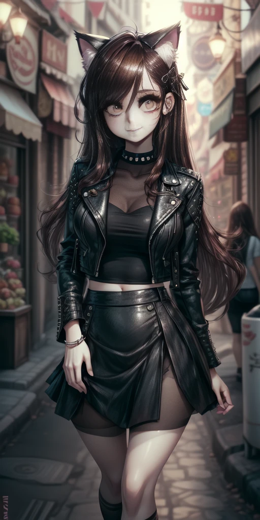 very young slim fit girl, at full height, (rounded face:1.2), very long disheveled dark brown hair, (big brown eyes:1.2), shy smile, perfect flat breast, band on head with fake cat ears, parororo, eyelashes, ariawm, accurate snub nose, (very long strand of hair between eyes:1.3), wearing a studded leather jacket and tulle skirt, with dramatic makeup, summer street, old city