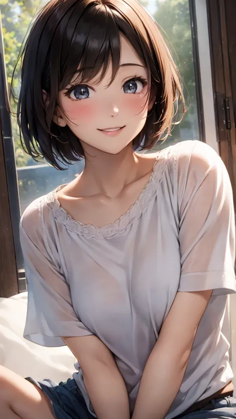 30-year-old woman、smile、short hair、blush、masterpiece、high resolution、16k