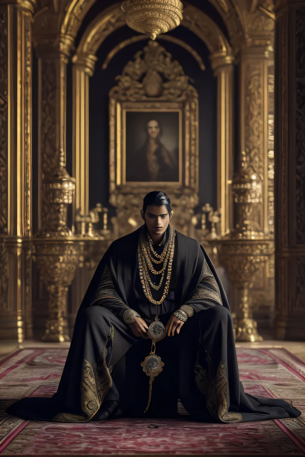 暗い, mysterious and dramatic fantasy headshot of a young handsome south asian tyrannical ruler with glowing red eyes wea指輪 black royal robes and ornate jewellery in a menacing dimly lit palace ((芸術作品)), ((最高品質:1.2)), 高解像度, 8K, (ウルトラ_現実的な:1.3), (photo現実的な:1.4), 映画のような, ダイナミックライティング, (詳細な背景), 被写界深度, 複雑な, 8K, 皮膚の詳細, (large 胸筋:1), 胸筋, 腹部, ハンサムな男性の写真, セクシーロイヤルティ, 尾, ジュエリー, ネックレス, ケープ, ブレスレットe, ブレスレット, 指輪, ショートヘア, 王座に座って, 屋内の中世の城,
