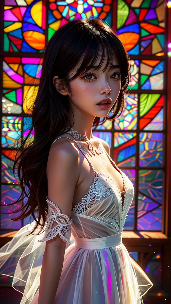 software, Concept Art, Little Junior Idol, (A white dress made of delicate lace with attention to detail), (Nipples:-0.9), Face close-up, (Intricate stained glass background:1.37), (((Renbutsu Misako), Colorful light shining through delicate stained glass:1.2, Bright red, Luminous Particles, Particles of light))(Accutance:0.8). (Professional Photo:1.2),(Very detailed:1.37), (Very detailedKAWAII顔のバリエーション, Variations of innocent facial expressions), Rosy Cheeks, Exquisite eyes with shimmering highlights, Long and voluminous eyelashes, Slight redness in the face. Mysterious sight, mist, Clear, flawless, radiant pearly skin, Captivating Gaze, ((Dynamic Angle)), Body proportions and limbs are anatomically correct .