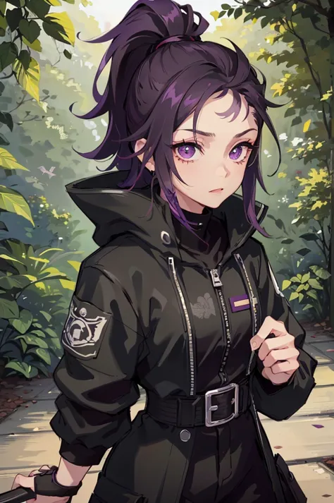 1man, solo, black cargo pants, black combat boots, black hoodie, half black half purple hair, ponytail hair, one purple eye, one...