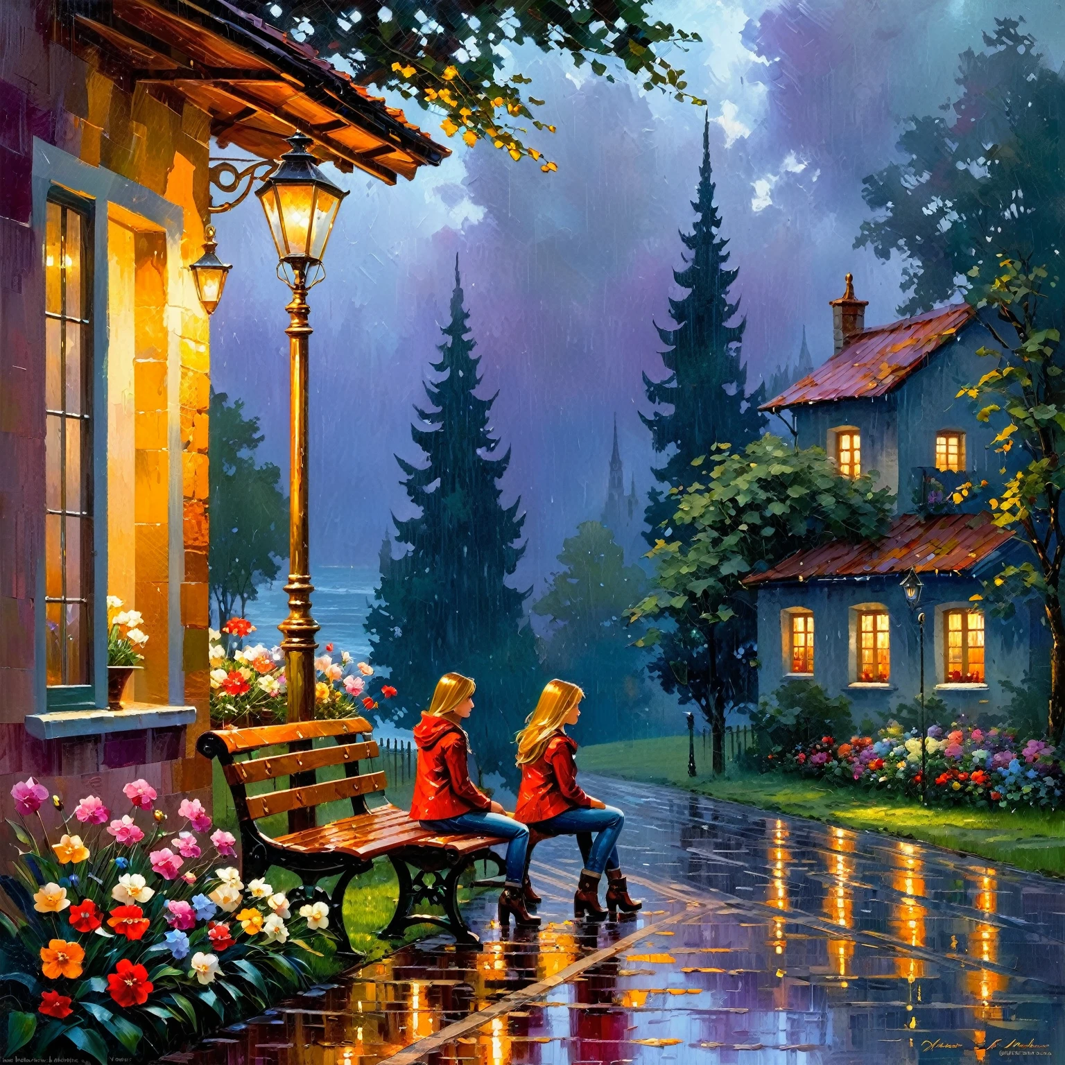 picture of a girl with flowers, sitting on a bench in the rain, near the house, In the evening, by Pablo Munoz Gomez, rainy evening, Thomas Kinkade, inspired by Vadim Kashin, и Мамфорд и Thomas Kinkade, inspired by Jakub Schikaneder, The entry is a couplet, El Bosco and Dan Mumford, Stefan Koidl inspired, Grzegorz Rutkowski