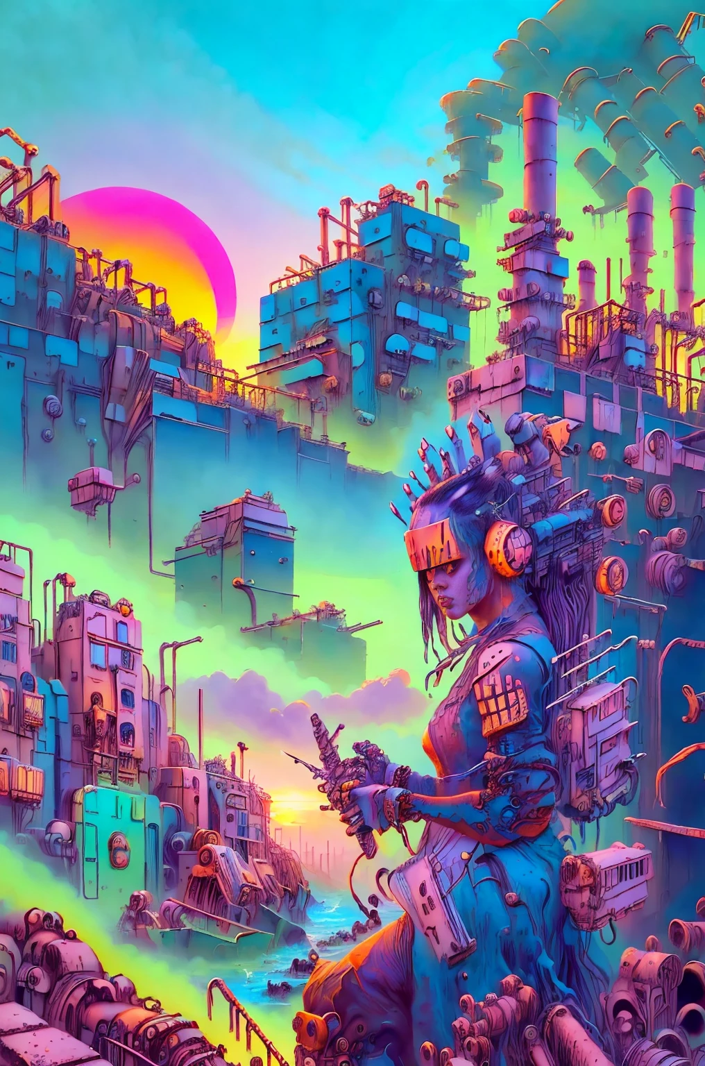 long shot: 1.3, masterpiece, ((industrial city scene with sky with sunset: 1.5)),(( machinery, metal: 1.5)), very beautiful Digital art, Digital art. very detailed and very detailed magical fantasy, colorful digital fantasy art, highly detailed Digital art, beautiful and gorgeous Digital art, very detailed digital painting, 32K