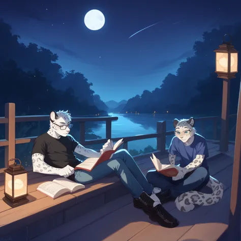 furry、white leopard boy、（reading a book on a canoe、wearing glasses、shirt、jeans、leather shoes、river、night、lantern light、star、moon...