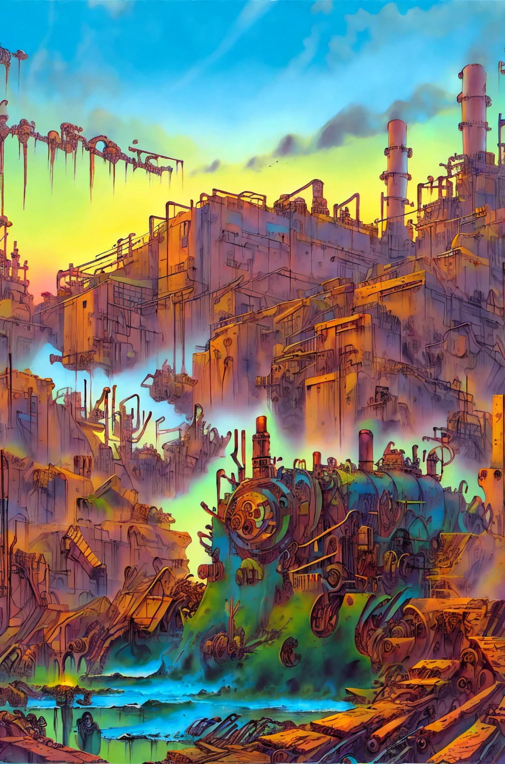 long shot: 1.3, masterpiece, ((industrial city scene with sky with sunset: 1.5)),(( machinery, metal: 1.5)), very beautiful Digital art, Digital art. very detailed and very detailed magical fantasy, colorful digital fantasy art, highly detailed Digital art, beautiful and gorgeous Digital art, very detailed digital painting, 32K