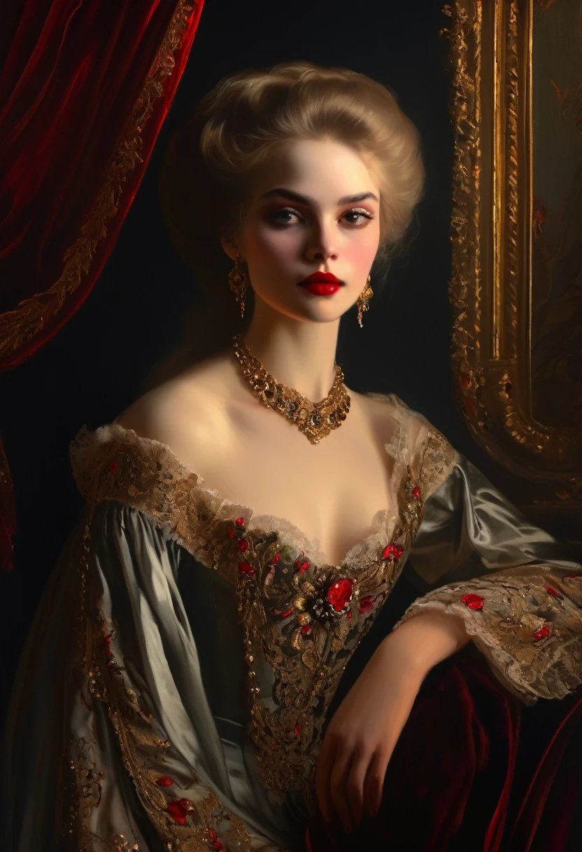 (High resolution,masterpiece:1.2),(Realistic:1.37)Portrait of an 18th century Russian vampire girl of unparalleled beauty. She has captivating red eyes and delicate rosy lips. Long fangs, The portrait is carefully drawn down to the smallest detail., Capture the subtle nuances of her features. She is wearing a beautiful silk gown, Adorned with intricate lace and delicate embroidery. This painting speaks of the luxury of the time., Luxurious velvet curtains and gold furniture in the background. The lighting is soft and diffused, Highlight the girl&#39;s graceful beauty. the colors are vivid and rich, Create compelling visual experiences. This portrait is painted in the classical portrait style., Reminiscent of the works of famous artists of the time. It exudes elegance, Grace, Sophistication. sharp long claws, (Crimson eyes:1.4), Flame-red eyes, (Sharp fangs visible through the gap between his lips:1.8), There is a bite mark on the neck.２There are two holes