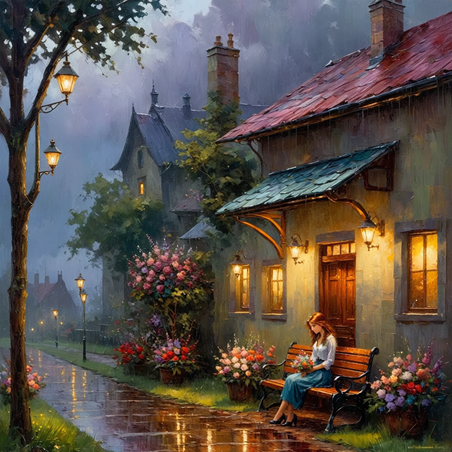 picture of a girl with flowers, sitting on a bench in the rain, near the house, In the evening, by Pablo Munoz Gomez, rainy evening, tree and lamp posts along the path, picturesque, painted picture, oil paints, masterpiece, Thomas Kinkade, inspired by Vadim Kashin, и Мамфорд и Thomas Kinkade, inspired by Jakub Schikaneder, The entry is a couplet, El Bosco and Dan Mumford, Stefan Koidl inspired, Grzegorz Rutkowski