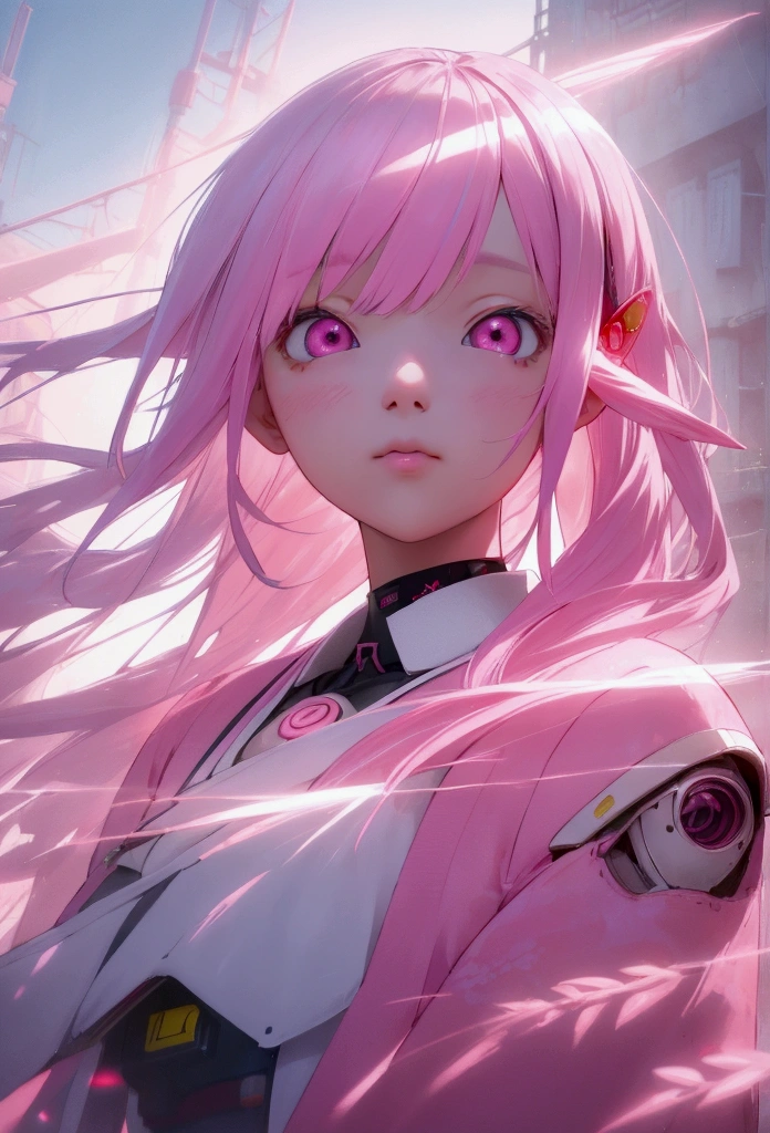  Estudiante de primaria japonés、 retrato 8K, Cabello rosa pastel、Ojos rosados、Lindo atuendo rosa, Ciudad y pueblo futurista antiguo con decoraciones antiguas con mascotas mecánicas, luz natural, psicodelia, Extraño futurista, Realista, Muy detallado, enfoque nítido, Básico, Película Fuji de 55 mm,