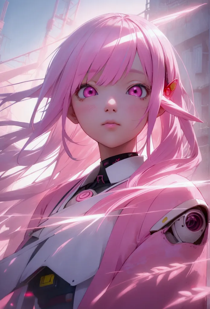 10-year-old Japan elementary school student、 8K Portrait, Pink pastel hair、Pink Eyes、Cute pink outfit, Old futuristic city and t...