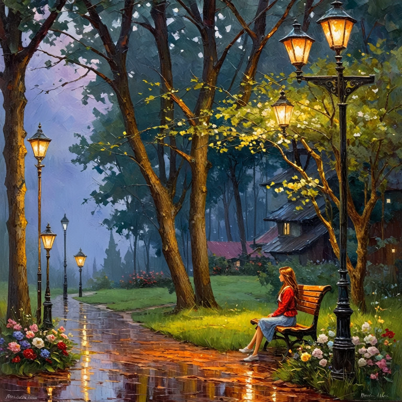 picture of a girl with flowers, sitting on a bench in the rain, near the house, In the evening, by Pablo Munoz Gomez, rainy evening, tree and lamp posts along the path, picturesque, painted picture, oil paints, masterpiece, Thomas Kinkade, inspired by Vadim Kashin, и Мамфорд и Thomas Kinkade, inspired by Jakub Schikaneder, The entry is a couplet, El Bosco and Dan Mumford, Stefan Koidl inspired, Grzegorz Rutkowski