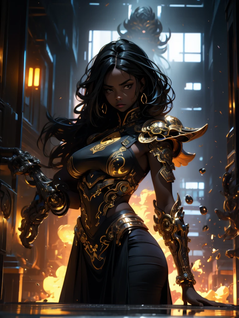 (super detaill), High details, high qualiy, 8k, (work of art), best qualityer, darkskin, black female, Symmetrical, Bblack hair, face perfect, intricate hair, side hair tie, black jersey, mommy dom, dominant figure, presumptuous, Intimidating Enforcer, chilly, great shading, mysterious figure, yellow sea beast armor, shielding coating.