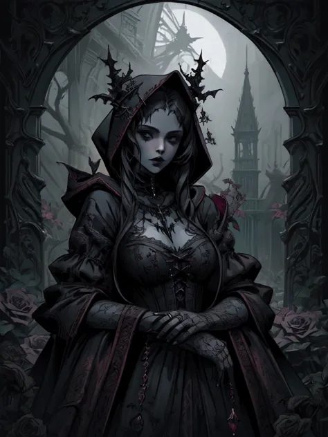 a woman with a hood and roses in her hair, dark fantasy style art, in style of dark fantasy art, gothic fantasy art, dark fantas...