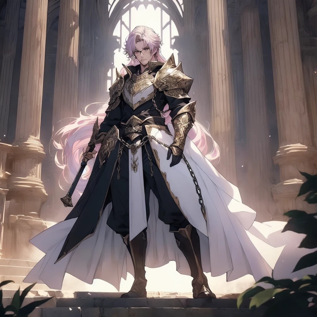 ((masterpiece)), ((an extremely delicate and beautiful)), (ultra-detailed), (best quality), (best illustration), (best illumination), photorealistic, 1boy, solo, long hair, lilac hair, wearing glasses, arrogant, evil, looking at front, looking at viewer, white armor, lilac symbol on armor, full body art, standing, ruins scenery, [Holding War Hammer in hands], hook on lower part of Hammer, The chain connects the Hammer to the hook, 