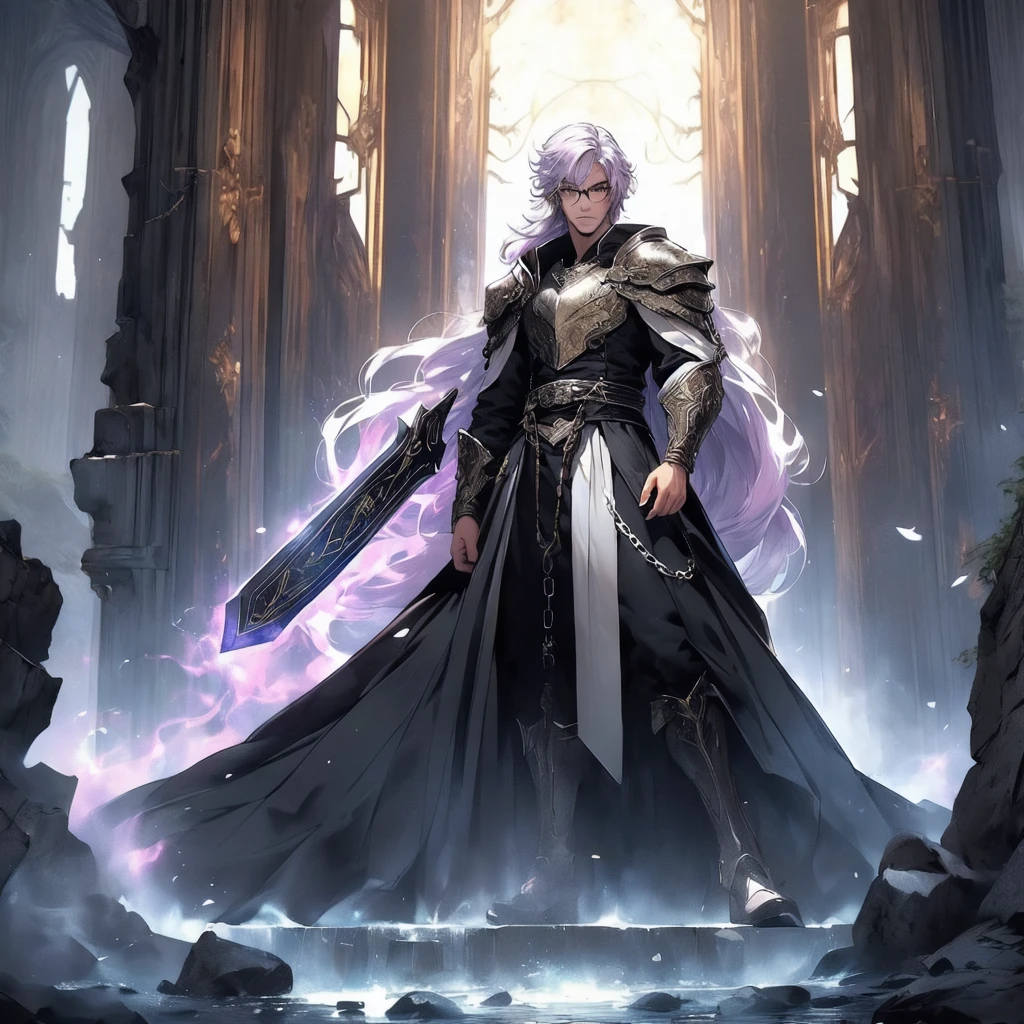 ((masterpiece)), ((an extremely delicate and beautiful)), (ultra-detailed), (best quality), (best illustration), (best illumination), photorealistic, 1boy, solo, long hair, lilac hair, wearing glasses, arrogant, evil, looking at front, looking at viewer, white armor, lilac symbol on armor, full body art, standing, ruins scenery, [Holding War Hammer in hands], hook on lower part of Hammer, The chain connects the Hammer to the hook, 