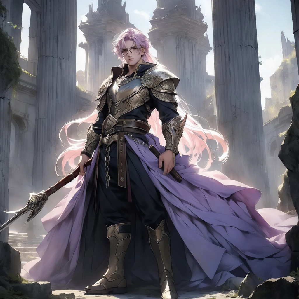 ((masterpiece)), ((an extremely delicate and beautiful)), (ultra-detailed), (best quality), (best illustration), (best illumination), photorealistic, 1boy, solo, long hair, lilac hair, wearing glasses, arrogant, evil, looking at front, looking at viewer, white armor, lilac symbol on armor, full body art, standing, ruins scenery, [Holding War Hammer in hands], hook on lower part of Hammer, The chain connects the Hammer to the hook, 