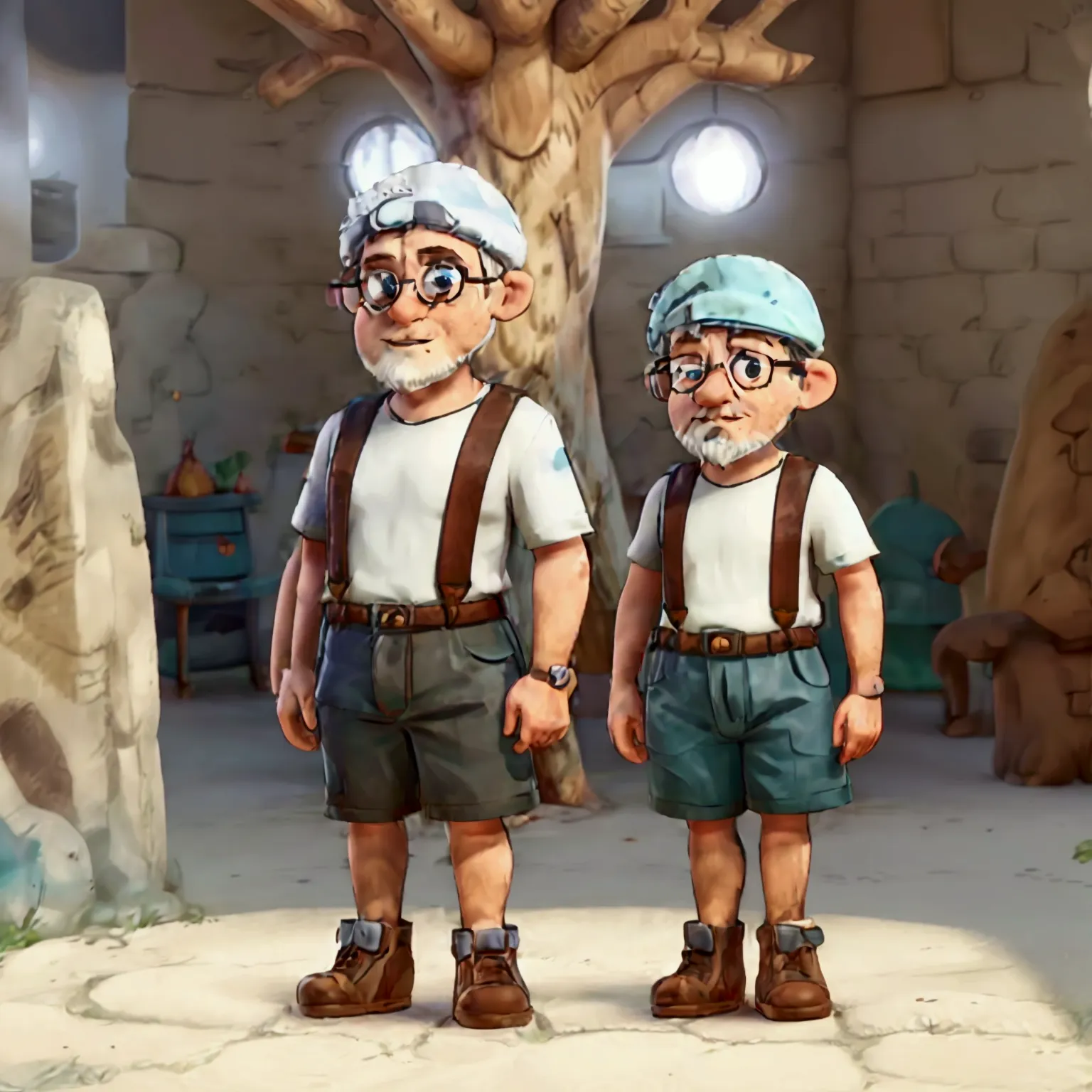 a gnome wearing a brown beret, with a big, shaggy beard, white hair and beard. He wears big, round glasses, a black tshirt, ligh...