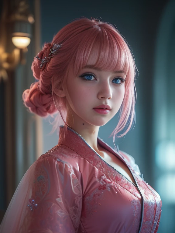 (finely detailed beautiful eyes and detailed face,masterpiece sidelighting,masterpiece,Best Quality,detailed,high resolution illustration),, (1 girl,whole body,bishoujo,shiny skin,looking down,looking at the viewer),, (pink hair,blue eyes,Love,Hanboks, Korean clothes), (dress_under bust:1.2),under the chest,