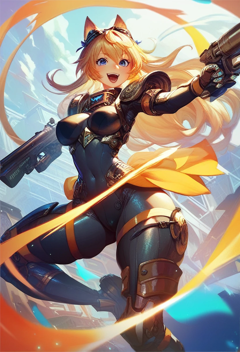 a beautiful kemono bee woman with long blonde hair, wearing stylish high-tech armor in shades of yellow and black, a detailed bodysuit, firing two machine guns, joyful expression, intricate futuristic background, dynamic composition, cinematic lighting, vibrant colors, highly detailed, 8k, concept art style