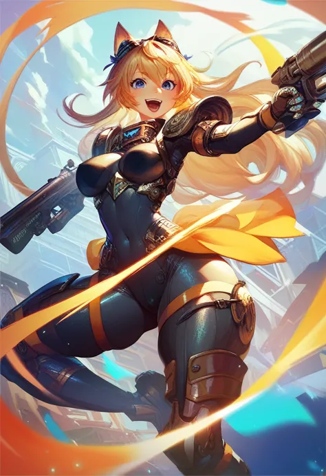 a beautiful kemono bee woman with long blonde hair, wearing stylish high-tech armor in shades of yellow and black, a detailed bo...