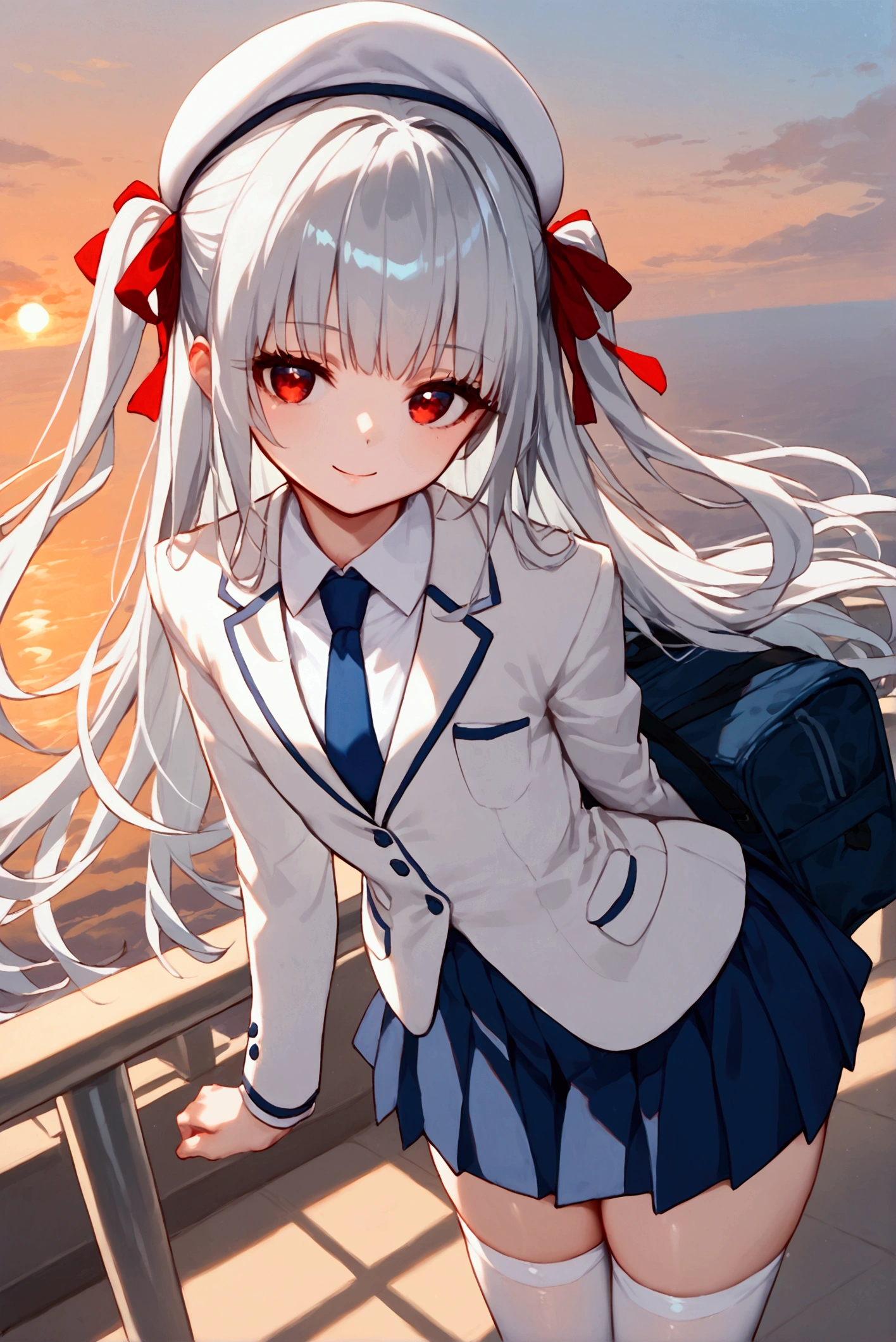 score_9, score_8_up, score_7_up, rating_safe, masterpiece, best quality, very aesthetic, absurdres, 1girl, solo, solo forcus, silver hair, long hair, two side up, bangs, red eyes, (beret, white beret), (hair ribbon, red ribbon), (blazer, white blazer:1.2), (blue necktie:1.2), long sleeves, blue skirt, pleated skirt, faint lips, light smile, thighhighs, white thighhighs, school bag, petite, flat chest, from above, leaning forward, looking at viewer, sky, sunset, golden hour