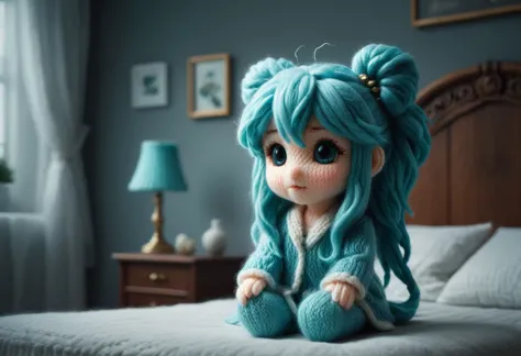 Photo of Hatsune Miku doll, Sit on the bed, Simple bedroom, Bokeh, Very fluffy and cute, Cozy and safe atmosphere, quiet, Dim li...