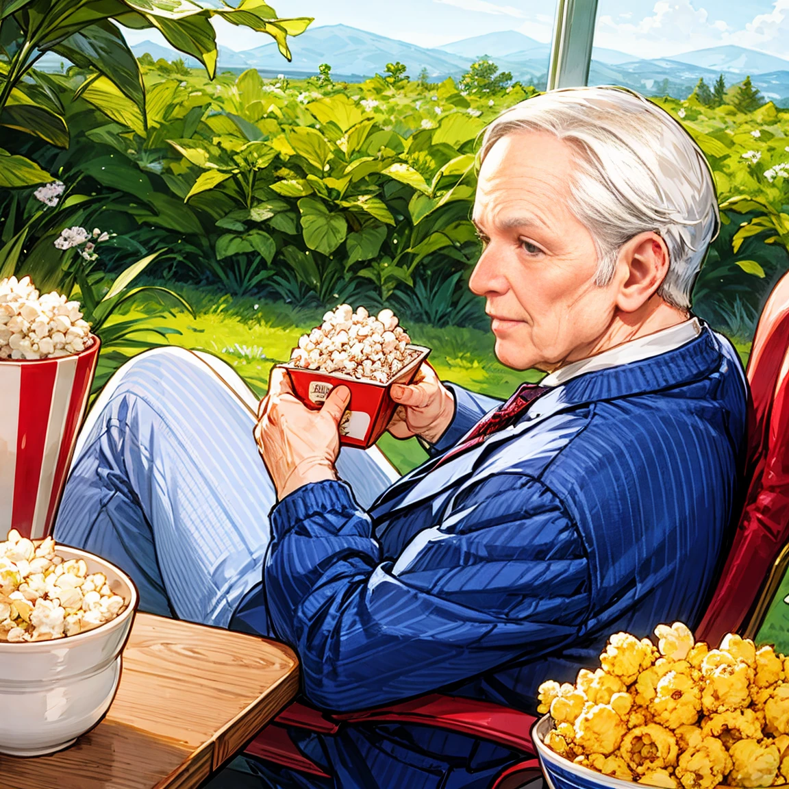 An old man sitting in a square eating popcorn