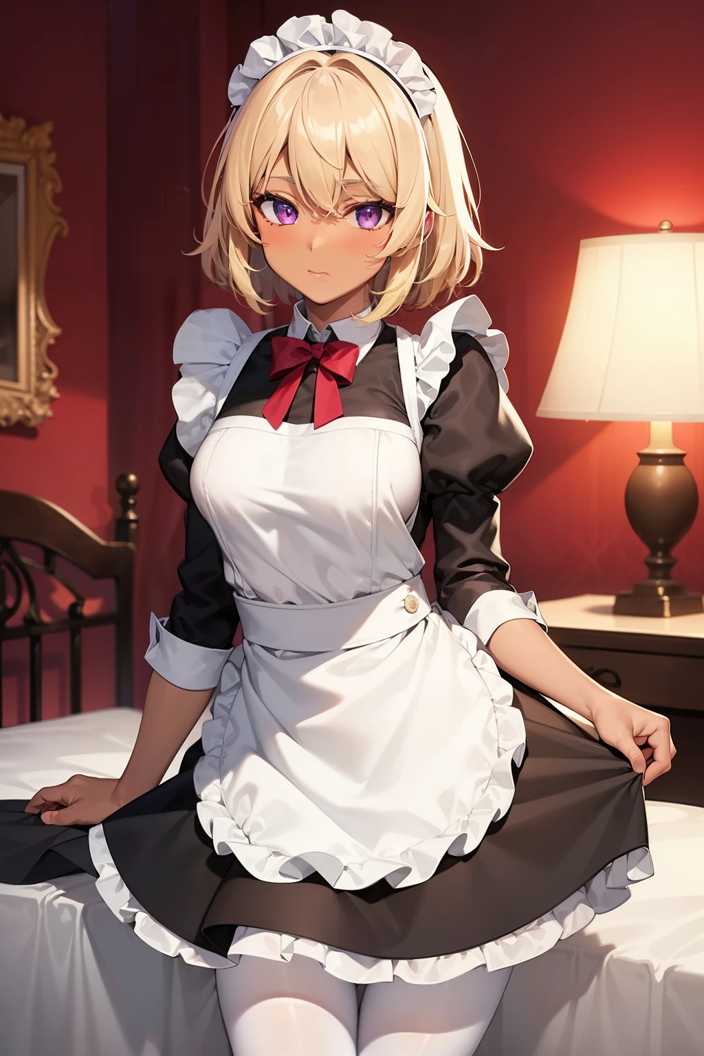 (Tabletop, highest quality, Super detailed), One Girl, Purple eyes, Blonde Hair, Dark Skin, Short fluffy Hair, ((White Pantyhose)), (Bedroom), ((Maid clothes)), Black Panties))