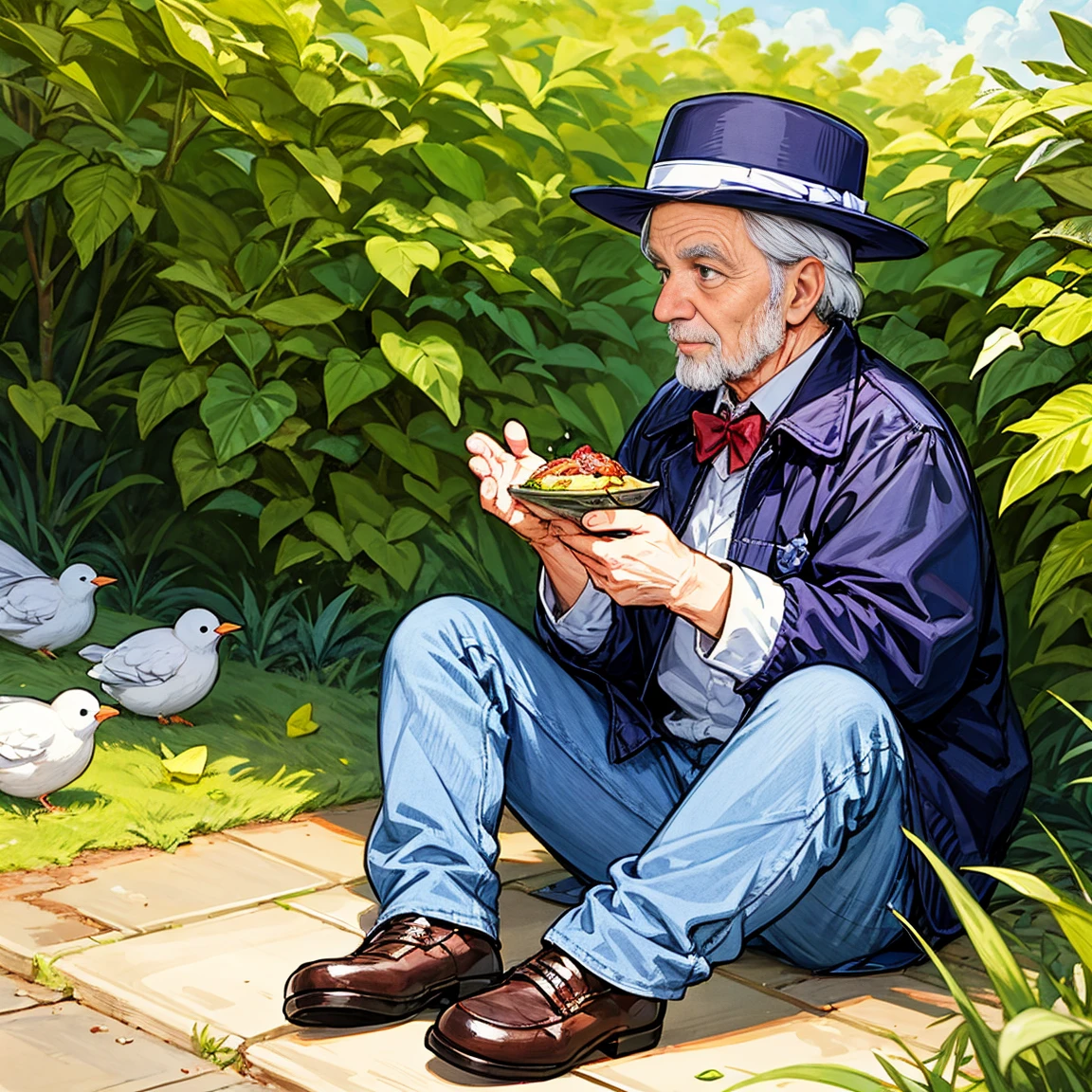 An old man sitting in a square feeding the birds