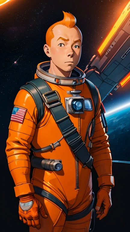 (Teens:1man: Tintin), (extremely detailed CG unit 8k wallpaper),(master part), (best quality), (ultra detali), (best illustration),(Al3xross), cowboy shot, (Sharp eyeliner, ombre, detailed eyes:1),Dark midnight derelict spaceship interiors background, ,break , (astronaut in an orange space suit), upper body, short hair, orange hair