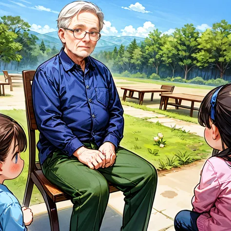 an old man sitting in a square talking to children