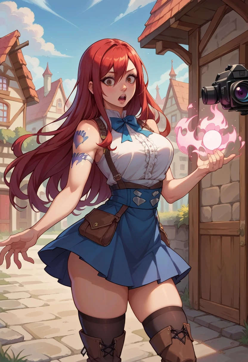 score_9, score_8_up, score_7_up, 1girl, solo, Erza, scarlet, long hair, red hair, hair between eyes, brown eyes, skirt, thighhighs, skirt, shirt, bow, boots, sleeveless, sleeveless shirt, tattoo, white shirt, frills, casting a spell, pink aura, surprised face, standing, cowboy shot, looking at you, medieval village