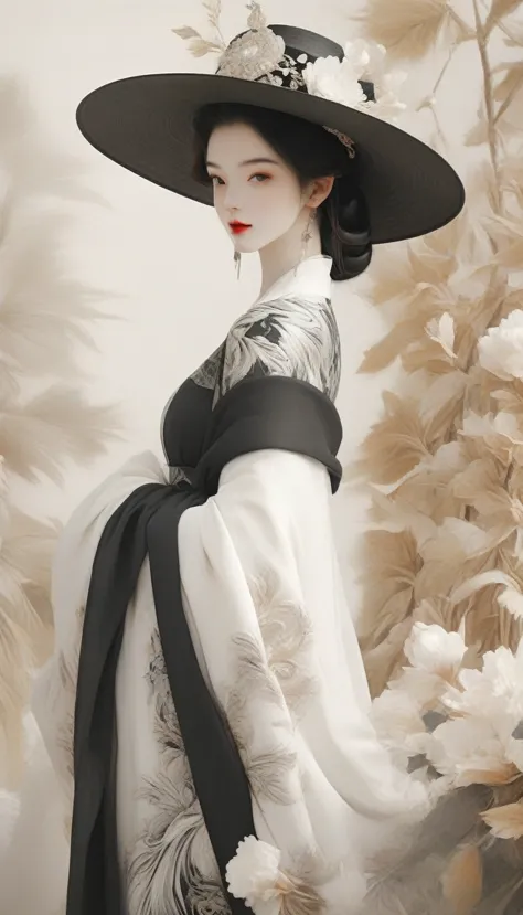 arafed image of a woman in a black and white dress and hat, digital art of an elegant, wearing black dress and hat, exquisite di...