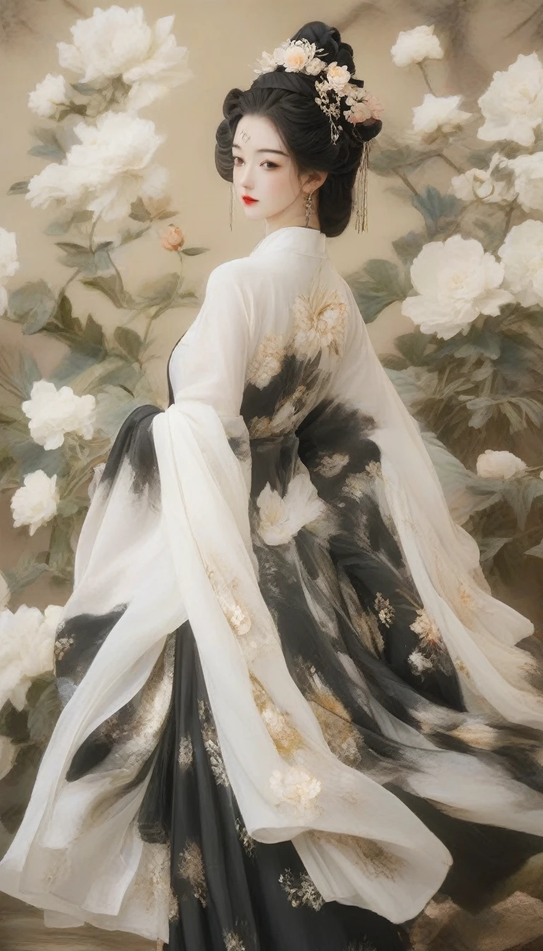 imagem arafada de uma mulher com um vestido preto e branco e chapéu, um retrato de personagem de Yang J, tendências na sociedade cg, arte digital, arte digital of an elegant, usando vestido preto e chapéu, Ilustração digital requintada, elegante pintura digital, cor preto e brancos, com chapéu de palha, Elegante e gracioso, glamour misterioso, mulher elegante, cor preto e branco