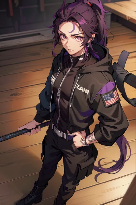 male, man looking, handsome, tall, solo, black cargo pants, black combat boots, black hoodie, half black half purple hair, ponyt...