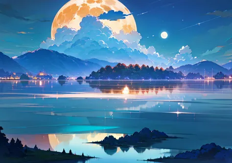 (((lakeに映る月、beautiful反射風景、lake、water surface))), (stylish, fantasy, night view、beautiful月、full moon、beautiful空, cumulonimbus), n...