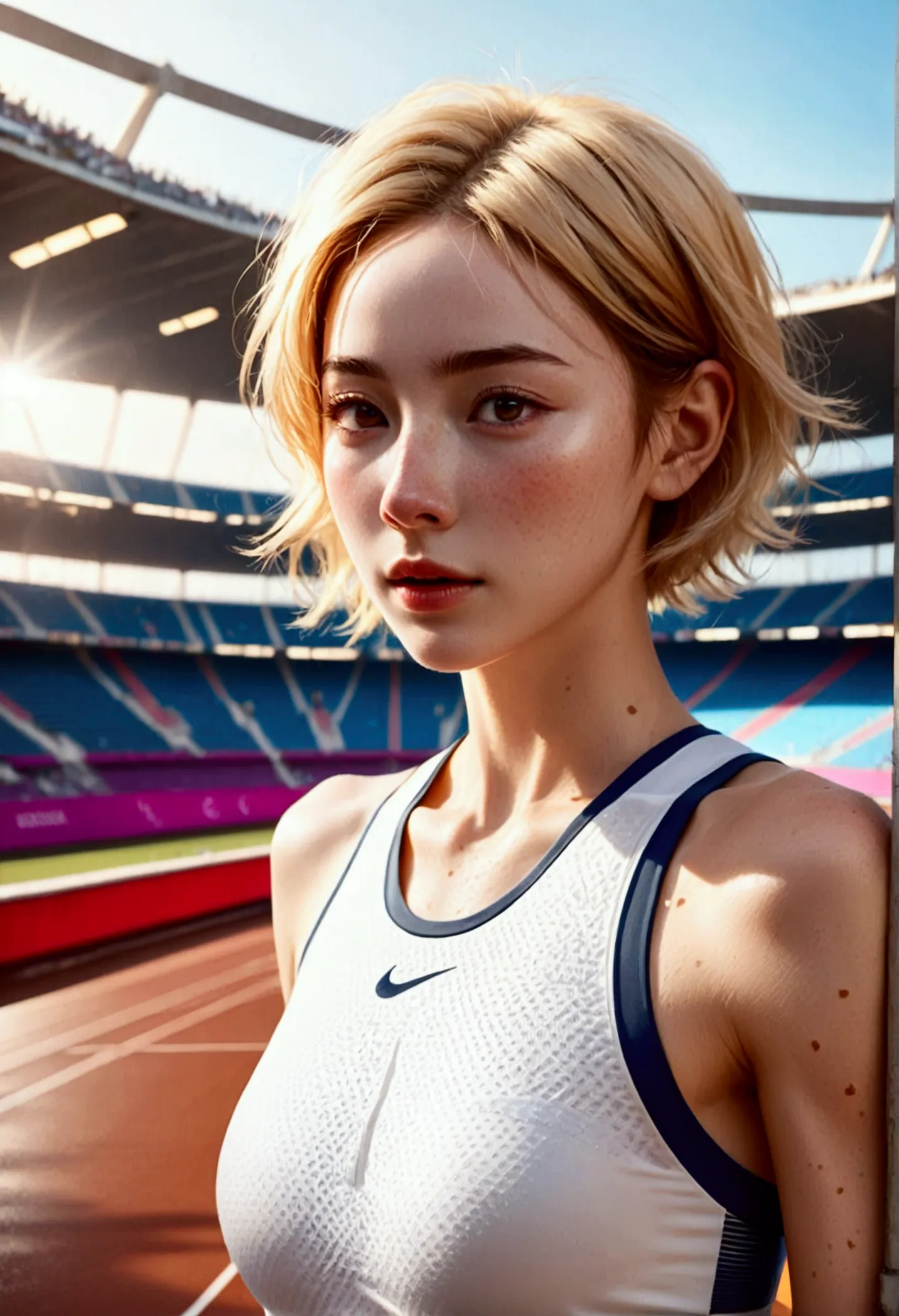 paris olympic athletics stadium, ((masterpiece, top quality, high resolution, very detailed)), (1 woman in her early 20s with be...