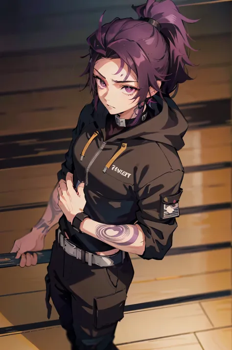 male, man looking, handsome, tall, solo, black cargo pants, black combat boots, black close hoodie, half black half purple hair,...