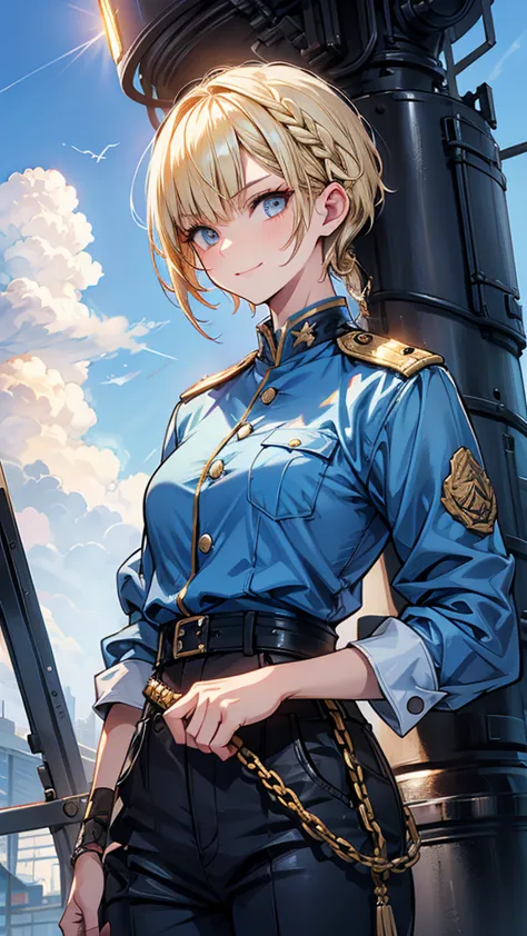 adult women　pixie cut　small braids　blonde　smile　glare　frivolous attitude　tall　sky blue military uniform　pants　battlefield