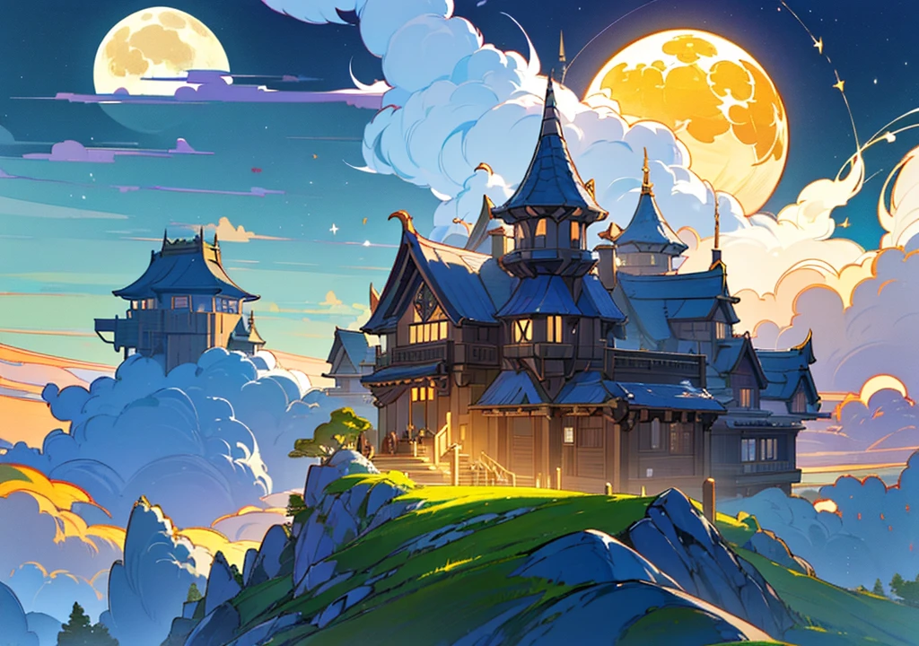 (((Floating House, The house is floating,Western style,Cafe, Western style建築, Stylishな家))), (Stylish, Fantasy, Night view、beautiful月、full moon、beautiful空, cumulonimbus), nature, beautiful, beautiful, beautiful空, (Landscape painting, Anime Style, Anime Style景, background), (high resolution, Good image quality、Detailed Pixels、Hypixel、Sharp lines, High quality)