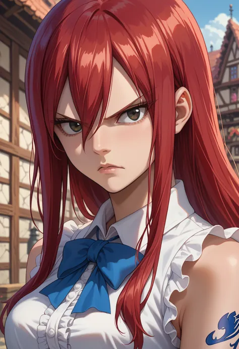 score_9, score_8_up, score_7_up, 1girl, solo, erza scarlet, long hair, red hair, hair between eyes, brown eyes, skirt, shirt, bo...