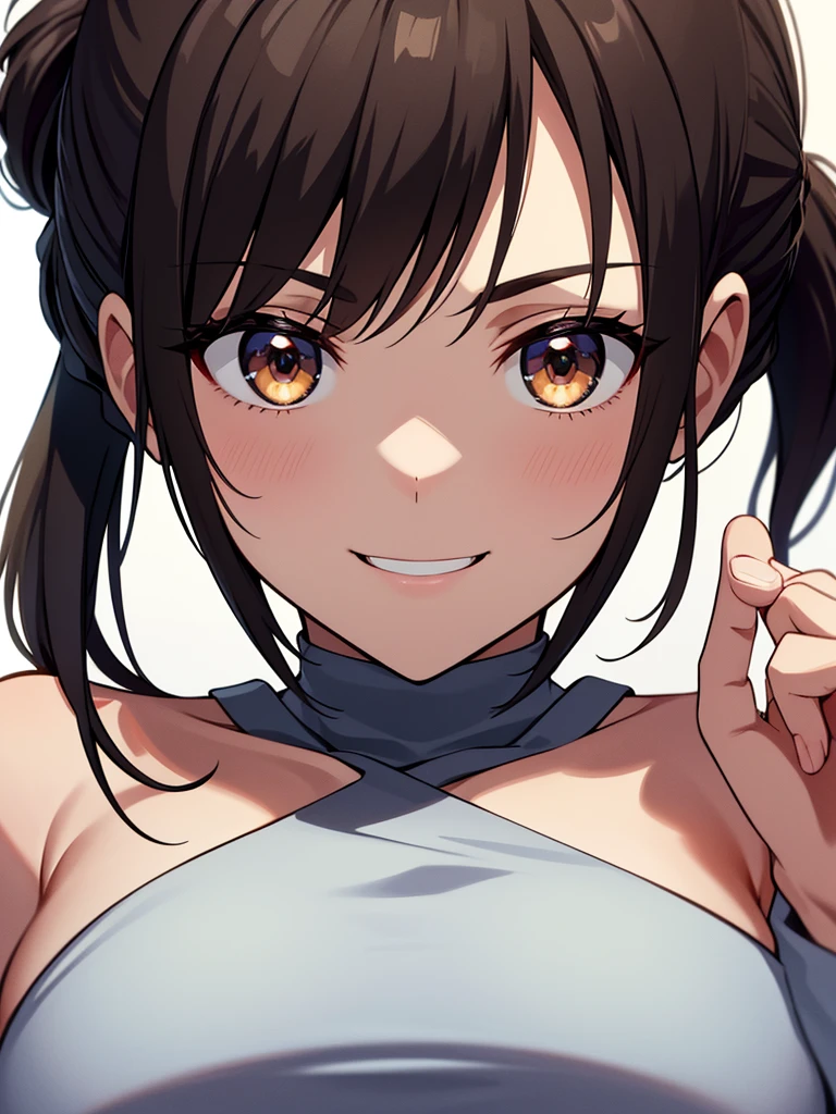 Close-up on facial expression: a big smile:1.9 Apartment Room Ponytail:1.9 Black short hair, straight hair, hair tie　Brown eyes, tall, strong, tall and slender, large breasts, narrow eyes, big eyes, bright eyes, beautiful, voluptuous