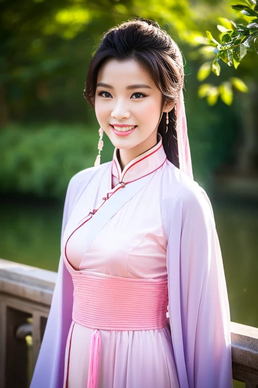 (A gorgeous & youthful Chinese lady, fashion model, [[[[closeup cleavage]]]], [[[[boobgasm]]]], [[[[coll]]]], [[[[bshoulders]]]], perfect face, perfect  eyes, Perfect iris，Perfect lips，perfect teeth，Perfect skin, Perfect body anatomy, Ample round bosom, Natural Sunlight, Sun Rays, lens flare, Movie girl, kind smile,


Translucent silky hanfu, Pure white & pink color, ancient Chinese clothing, Elegant Chinese long dress, long sleeves, feminine princess, cute expression, hands on hip,


SFW, Outdoors in ancient China，Pavilions，small bridges，flowing water，waterfall，Forest，HDR, 4K Ultra HD, Ultra-high resolution, (Photorealistic: 1.4), Best quality，Masterpiece，Ultra dilution，（pastel colour：1.2）)