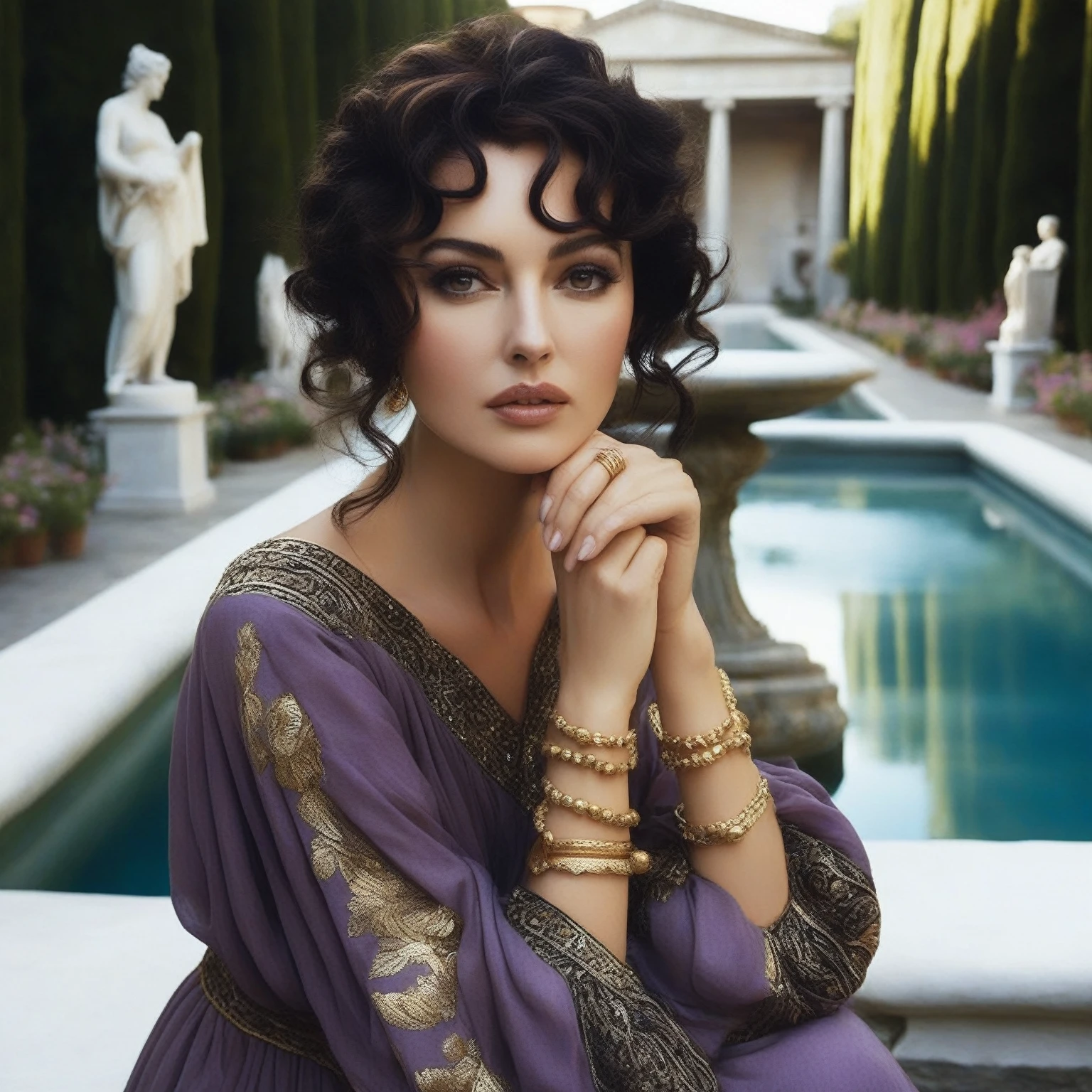 arafed Voman in a purple dress sitting by a pool, beautiful hetaera, Monica Bellucci as a Roman goddess, gorgeous Voman, inspired by John William GodVard, beautiful goddess, Villiam godVard, portrait of megara, J. V. godVard, Roman goddess, portrait of a hetaera, godVard, inspired by Alexandre Cabanel, inspired by LaVrence Alma-Tadema