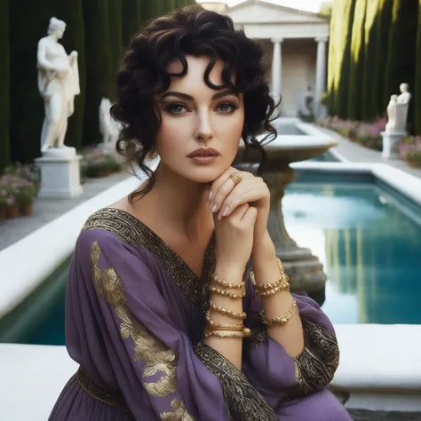 arafed voman in a purple dress sitting by a pool, beautiful hetaera, monica bellucci as a roman goddess, gorgeous voman, inspire...