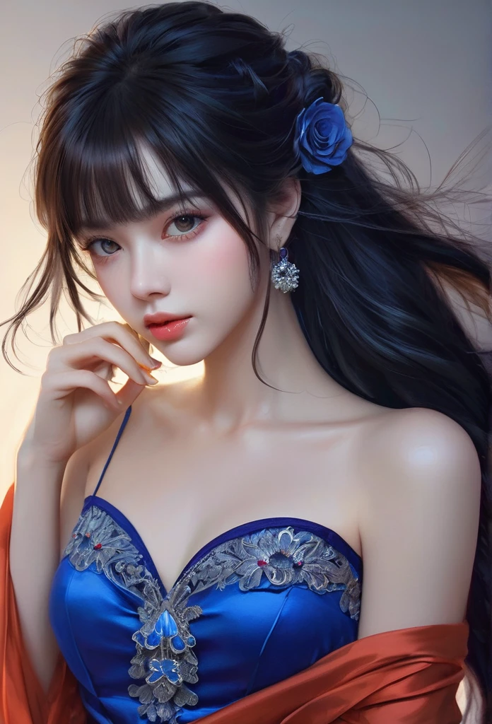 1 beautiful young woman, extremely detailed eyes and face, long eyelashes, medium length hair with bangs, topless, high quality, best quality, masterpiece, formal art, beauty:1.2, 1girl:1.3, fractional art:1.3, bright blue ocean eyes